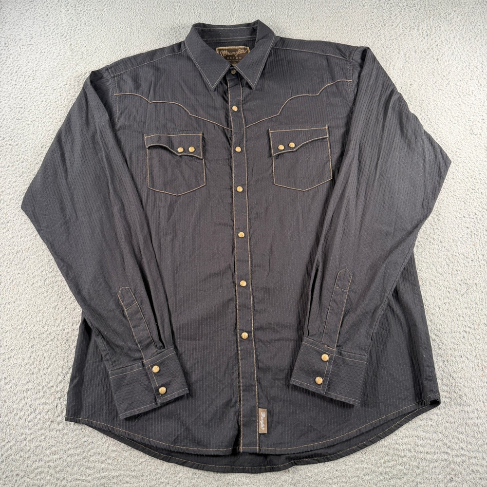Wrangler Retro Western Shirt Mens XL Black Pearl Snap Dobby Stripe Cowboy Rodeo